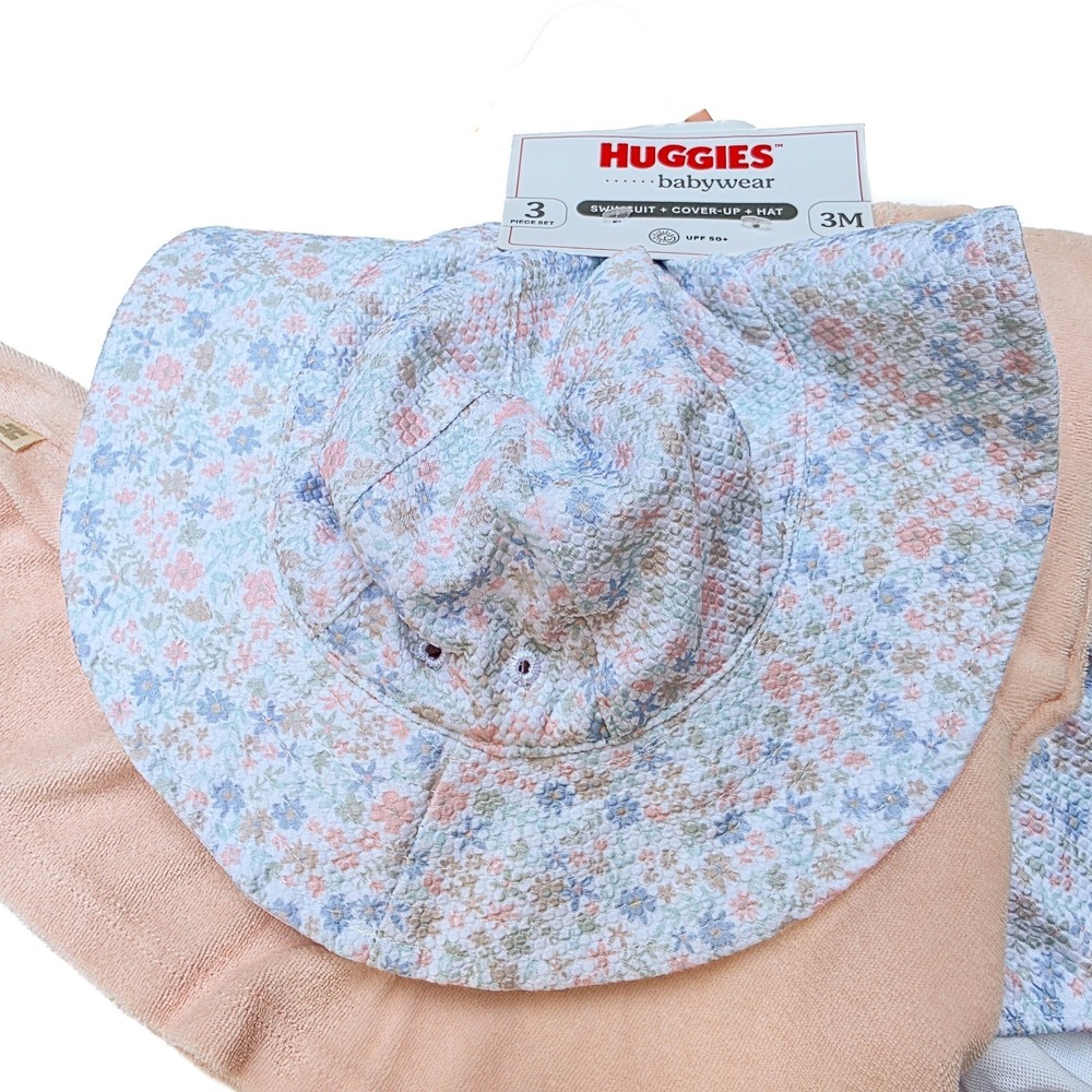 NWT Huggies Baby Girl 3M Floral Swimsuit Cover Up Sun Hat 3Pc Set UPF 50+ - Picture 8 of 12